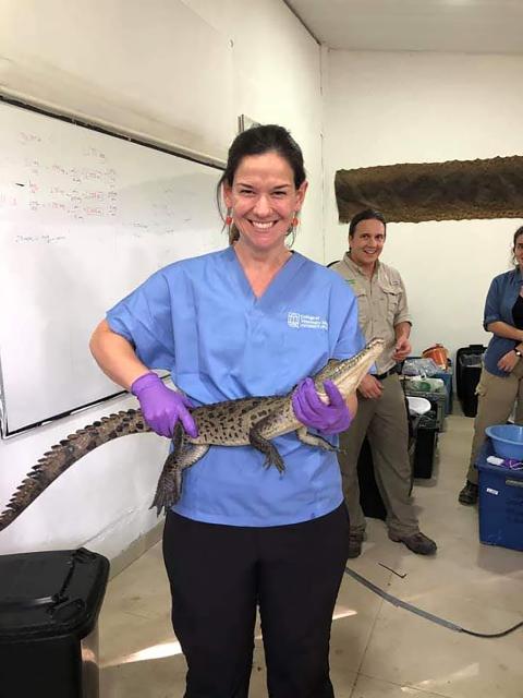 Jenny in scrubs holding a reptile