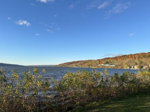 View of the lake with fall colors sprinkled across the trees.